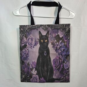 Black Cat Purple Roses Gothic Canvas Tote Bag in Lavender